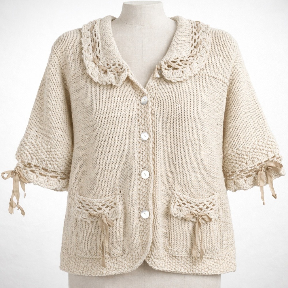 Cream Crochet-Trim Button Front Women's Sweater